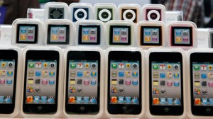 Apple iPod Touch, bottom, iPod Nano, centre, and iPod Shuffle, top, are displayed during an Apple event, Wednesday, Sept. 1, 2010, in San Francisco. (AP / Paul Sakuma)