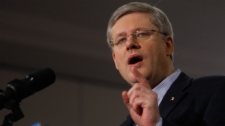 Conservative Leader Stephen Harper speaks to supports in Brampton, Ont., Sunday morning, March 27, 2011. (Adrian Wyld / THE CANADIAN PRESS)